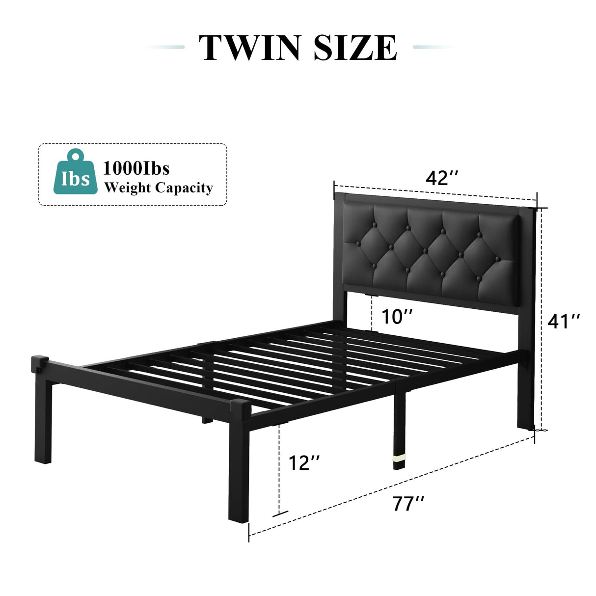 iPormis Twin Size Metal Bed Frame, Faux Leather Platform Bed Frame with Button Tufted Headboard, 12" Underbed Space, Steel Slats Support, Easy Assembly, No Box Spring Needed, Black iPormis