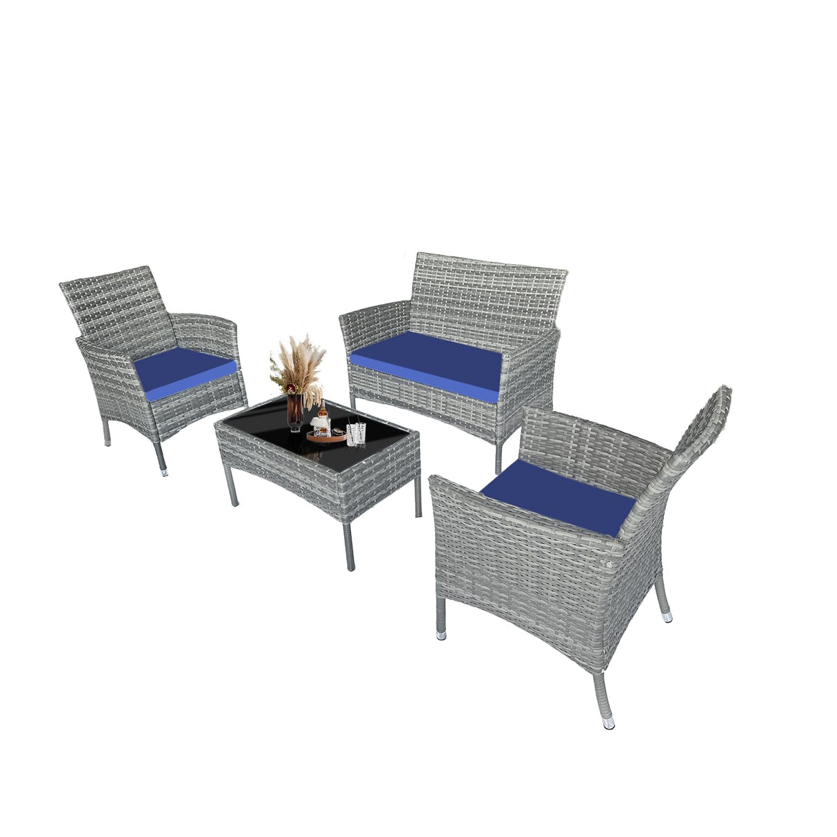 CHNBJY Patio Furniture Set 4 Pieces Outdoor Rattan Chair Wicker Sofa Garden Conversation Bistro Sets for Yard,Pool or Backyard (Grey + Blue Cloth) CHNBJY