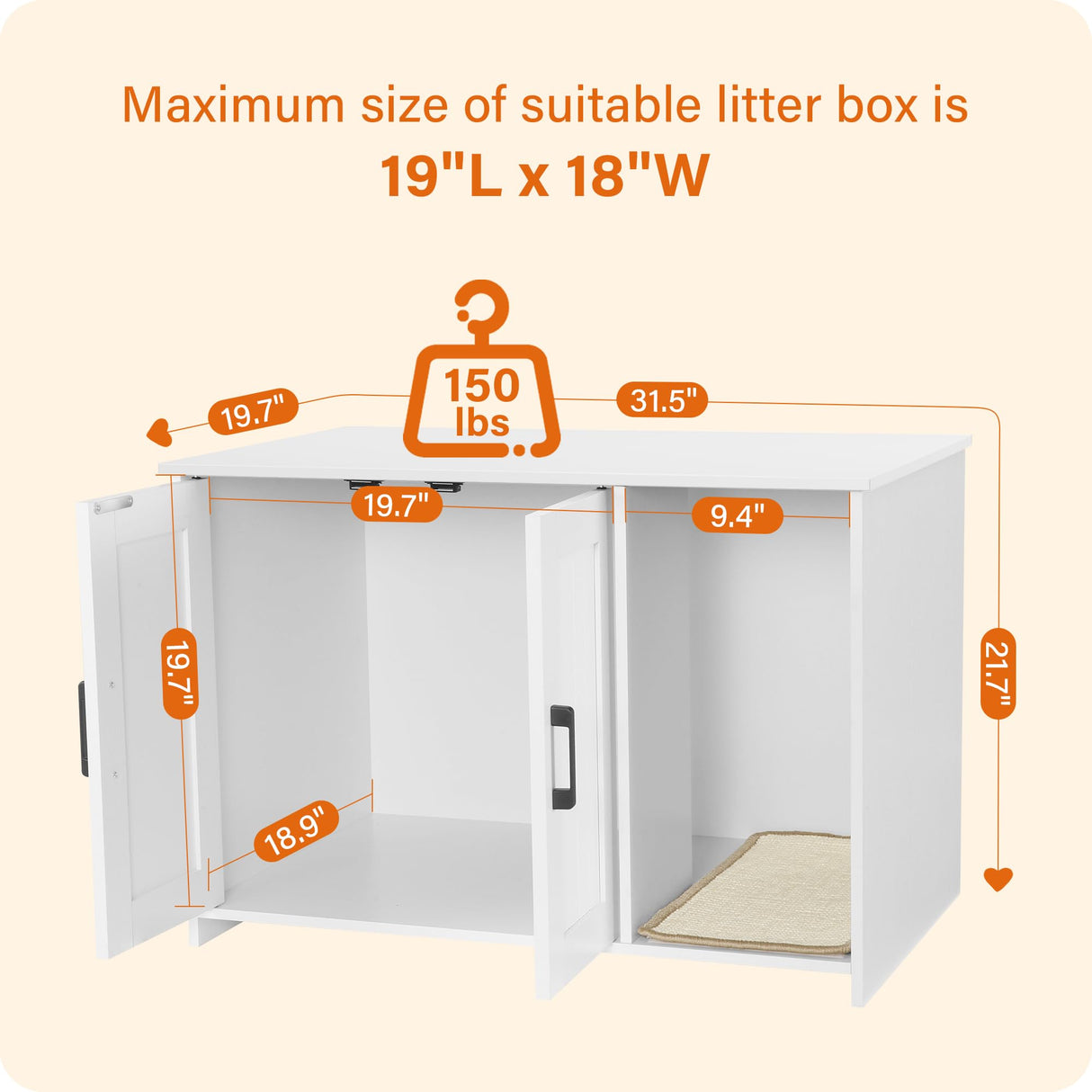 Dwanton Litter Box Enclosure, Cat Litter Box Furniture Hidden, with Scratching Mat, Wooden Cat Washroom Indoor, Fit Most of Litter Box, 31.5" L x 19.7" W x 21.7" H, White Dwanton