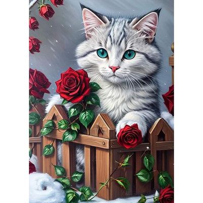 PFFNGPEN Diamond Painting Kits for Adults, 5D DIY Cat Rose Diamond Art Kits for Beginners, Full Drill Round Diamond Art for Home Wall Decor, Animal, 12x16 inch