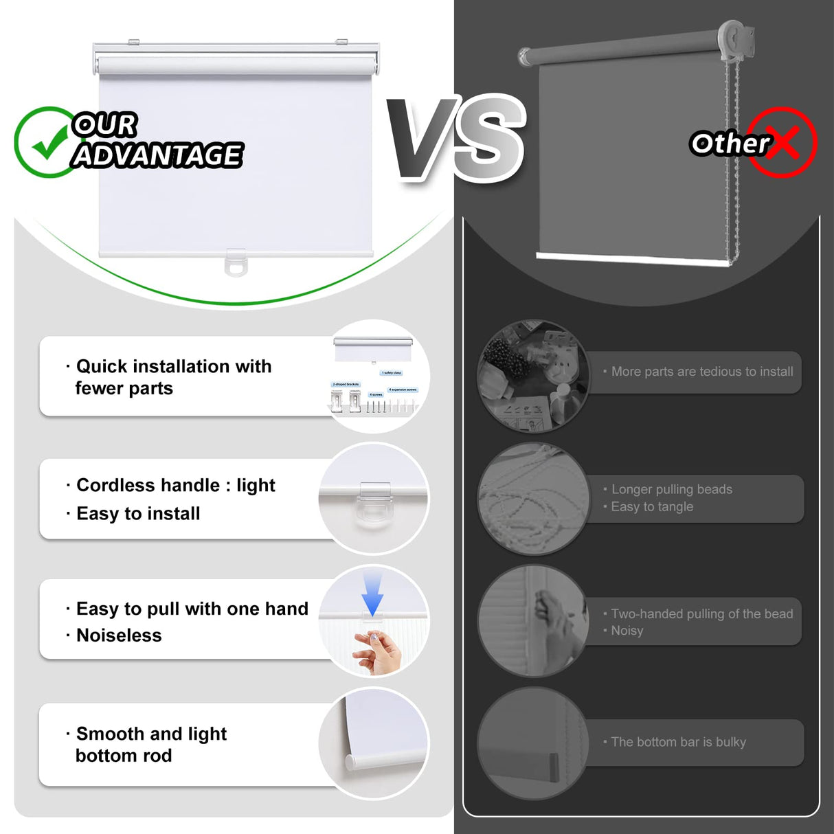 AOSKY Cordless Roller Shades Blackout Blinds for Windows Room Darkening Rolled Up Shades with Spring System, UV Protection Window Shades Door Blinds for Home and Office (27" W x 72" H, White) AOSKY