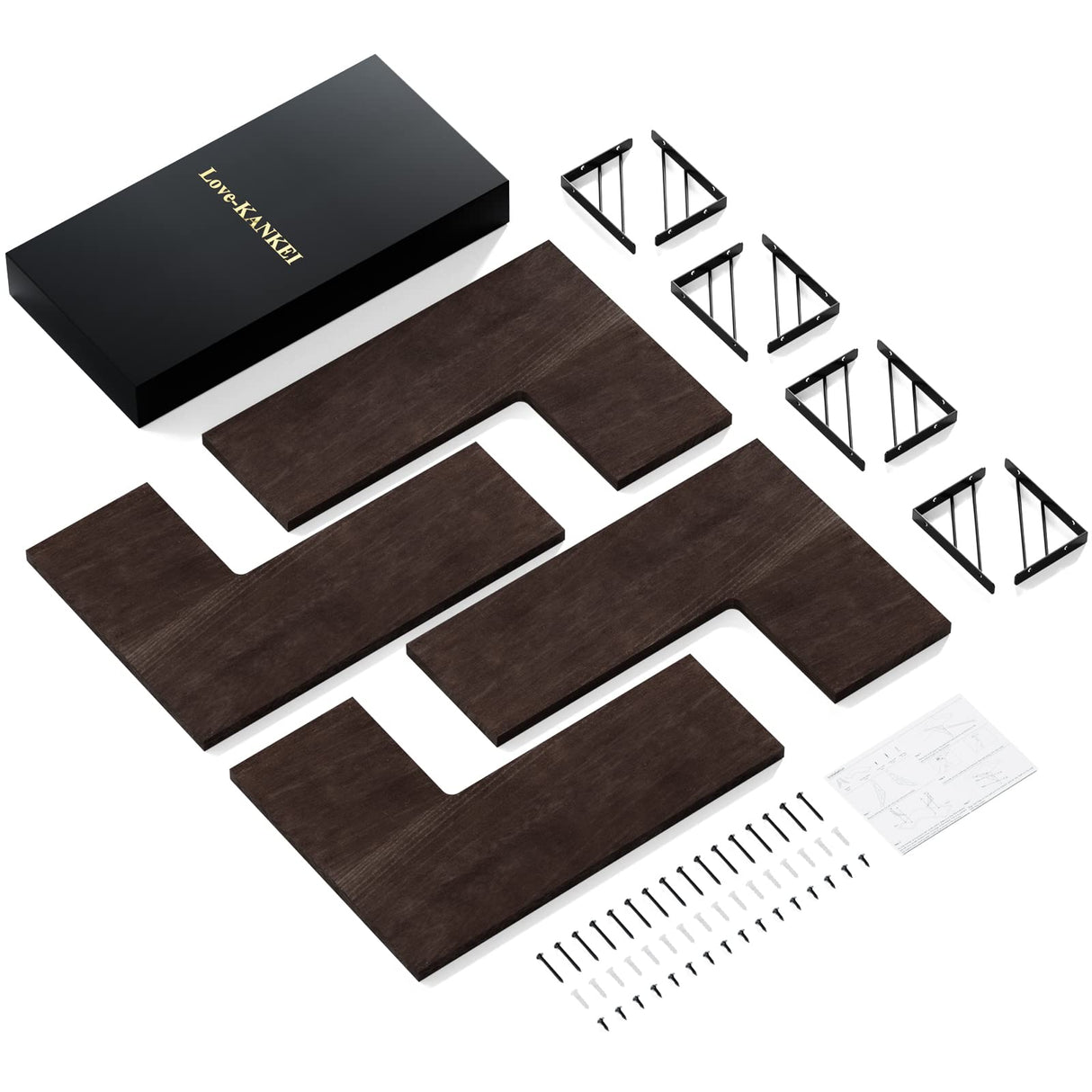 Love-KANKEI Corner Shelf Wall Mounted,Floating Wall Shelves for Storage,Rustic Wood Hanging Shelves for Display,Bedroom Bathroom Living Room Kitchen,Set of 4, Dark Brown Love-KANKEI