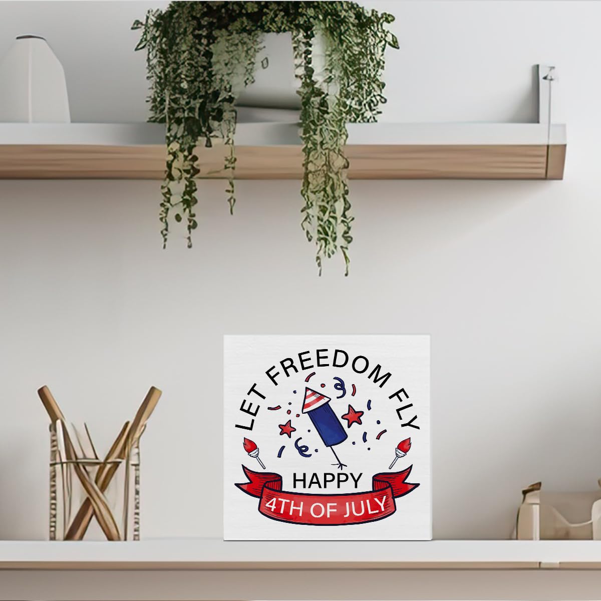 Patriotic Sign Independence Day Decoration Happy 4th of July Decor Wooden Box Sign Desk Decoration Square Wood Sign Wood Block Plaque Box Sign for Shelf Home 5 x 5 Inches YXSEZ