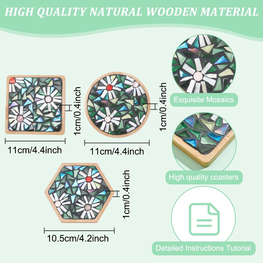 WEBEEDY 3 Styles DIY Mosaic Craft Kit Easy to Make DIY Flower Mosaic Bamboo Coasters Kits for Adults Beginner, Green Glass Mosaic Tiles with Blank Base Tray for Handmade Art Home Decor WEBEEDY