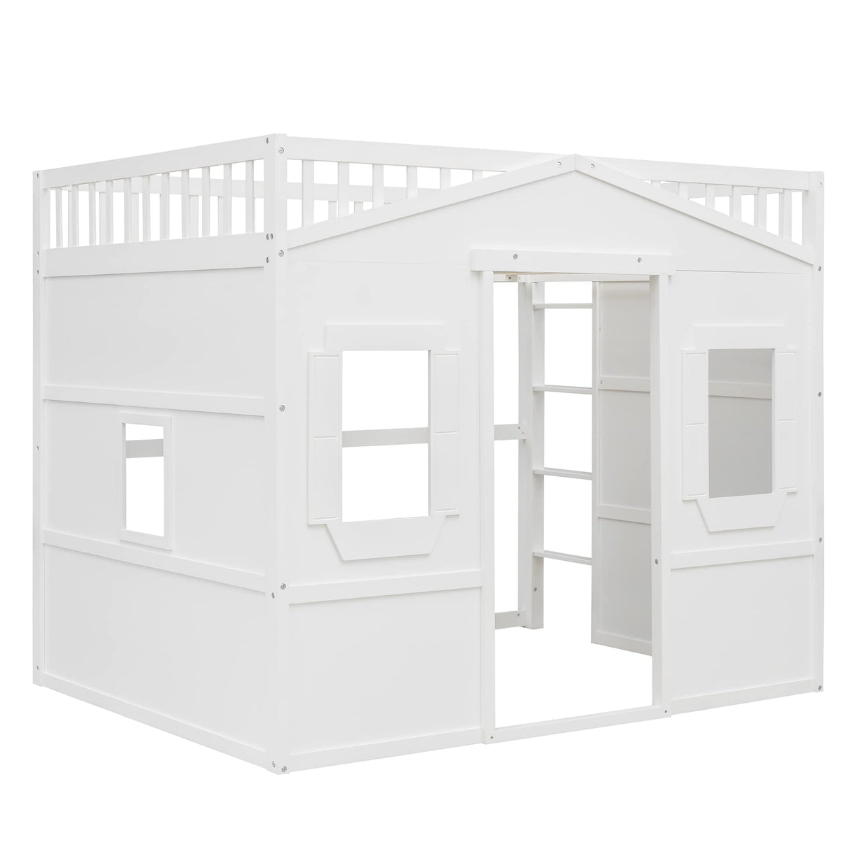 Full House Loft Bed Frame for Kids, Wood Full Loft Bed with Windows and Guardrail, Playhouse Bed, Full Size Loft Bed for Boys & Girls, No Box Spring Needed, Underbed Height is 51 Inches, White Harper & Bright Designs