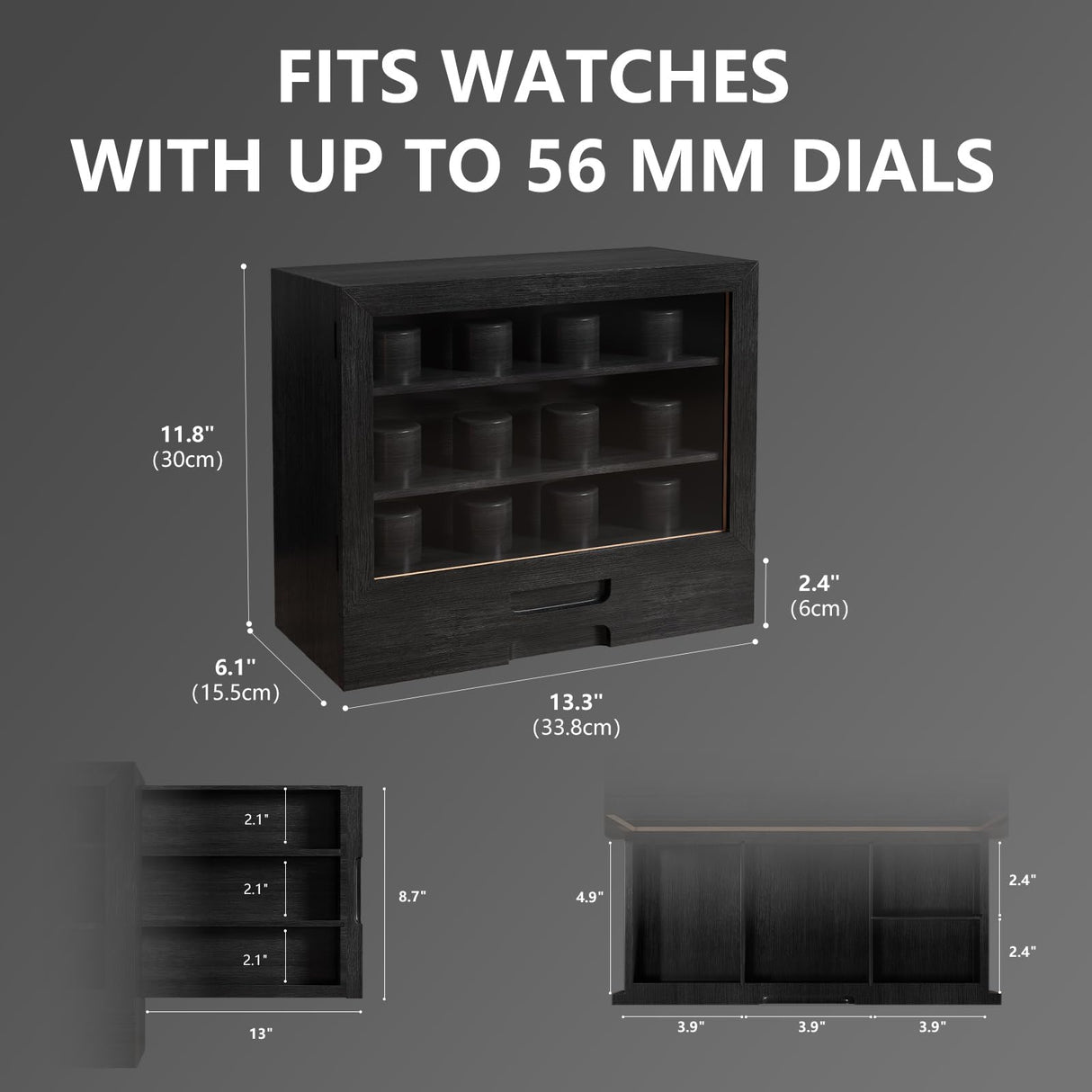 AUTOARK Wooden Watch Sunglass Display Case,12 Watch Box with Jewelry Drawer,Watch Eyeglass Holder with Window,Vertical Storage,Gift Idea,Black,AW-184 AUTOARK
