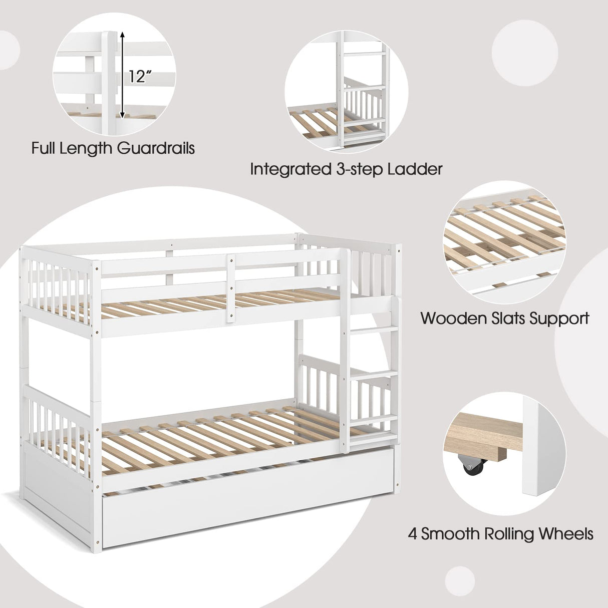 KOMFOTT Wood Twin Over Twin Bunk Bed with Trundle, Solid Pine Wood Bunk Bed Frame with Ladder & Safety Guardrails, Space-Saving Convertible Bunk Bed for Home & Dormitory, No Box Spring Needed KOMFOTT