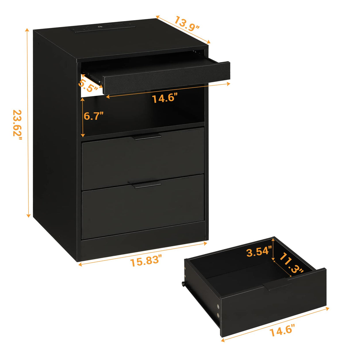 Tiptiper Black Nightstand with Wireless Charging Station and LED Lights, Bedside Table with 2 Drawers, Open Storage, 1 Pull-Out Tray, End Side Table with Charging Station, LED Night Stand with Storage Tiptiper