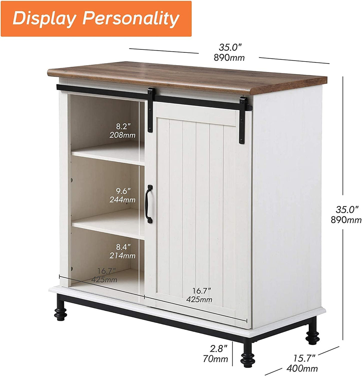 WAMPAT Farmhouse White Buffet Sideboard with Sliding Barn Door and Adjustable Shelf WAMPAT