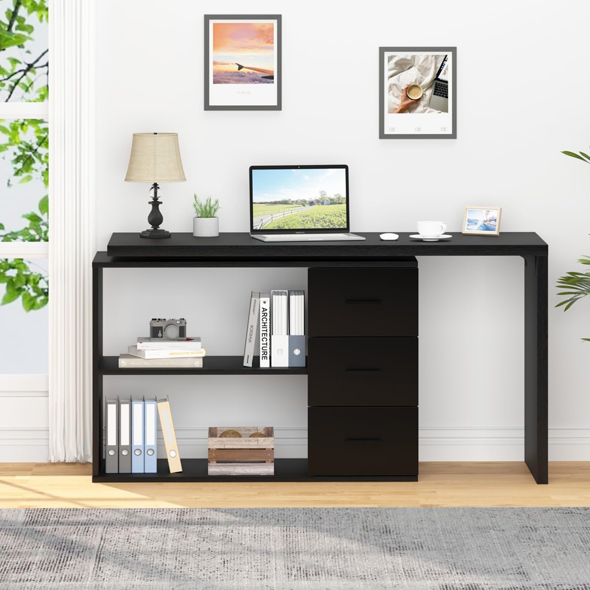 HSH Black L Shaped Desk with Drawers Shelves, 360 Rotating Home Office Desk L Shape with Storage Cabinet, Corner Wood Computer Table for PC Executive Work Study Writing in Bedroom Living Room, 55 in HSH