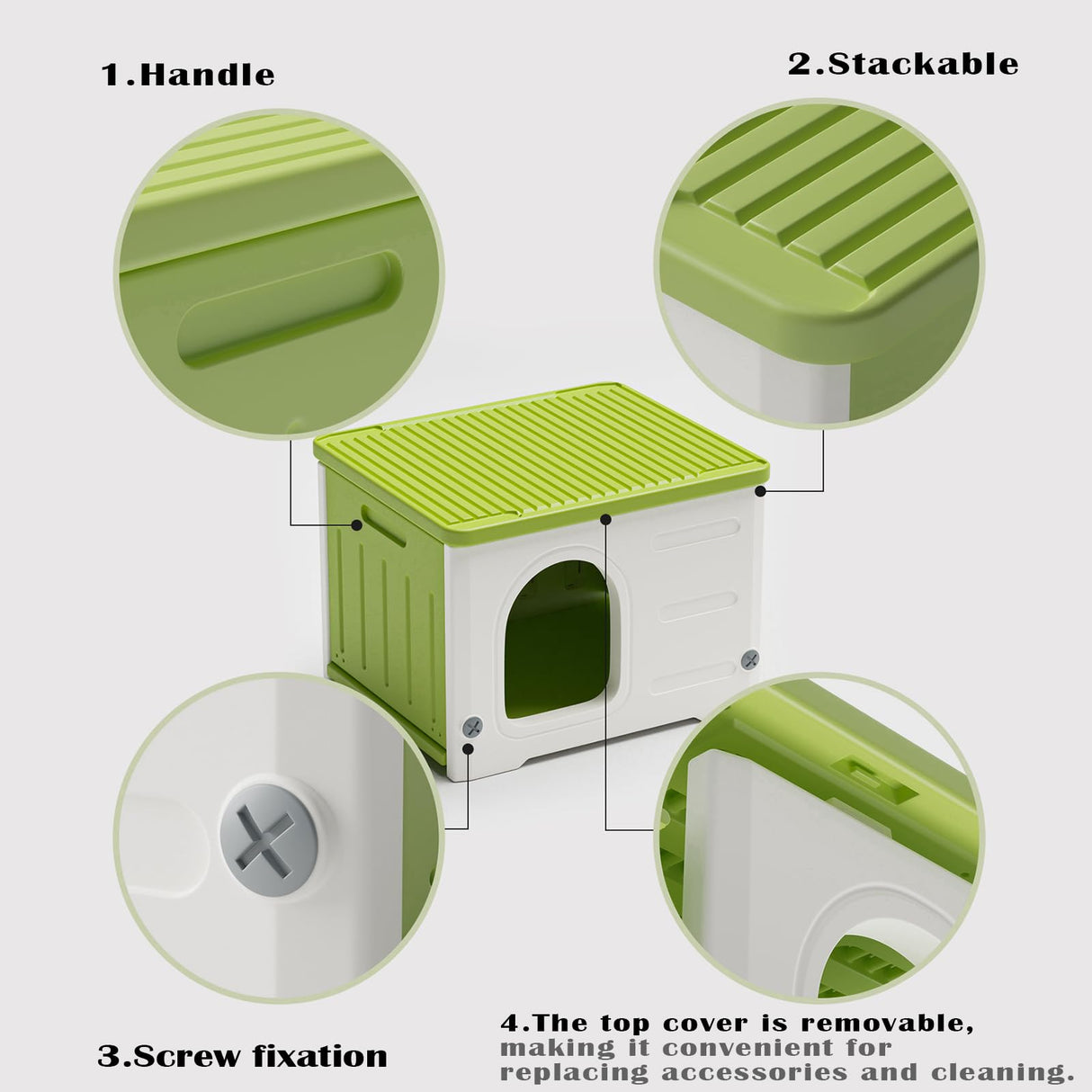 Plastic Cat House for Outdoor Indoor Use, Stackable Feral Cat Shelter Indoor Cat House Insulated Weatherproof Waterproof Elevated with Cat Scratching Board & Cushion (Green) TSEHOOHOO