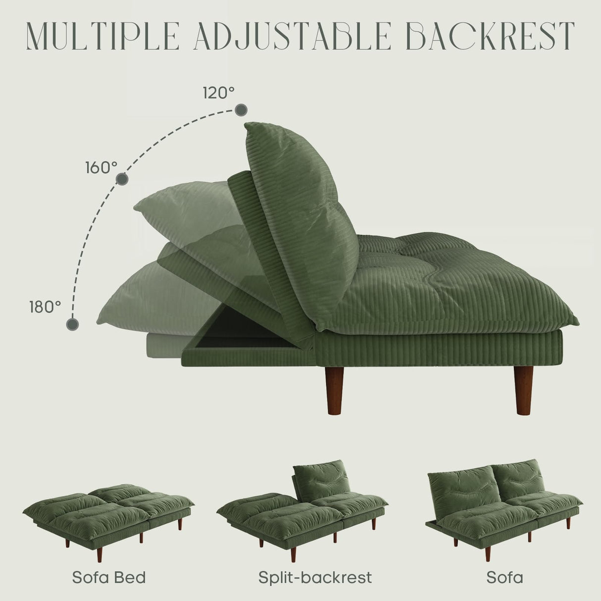 DreamDashio Futon Sofa Bed, 69 inch Futon Couch with Adjustable Backrest, Corduroy Convertible Sleeper Sofa Bed, Folding Sleeper Recliner for Apartment, Living Room, Office, Green DreamDashio