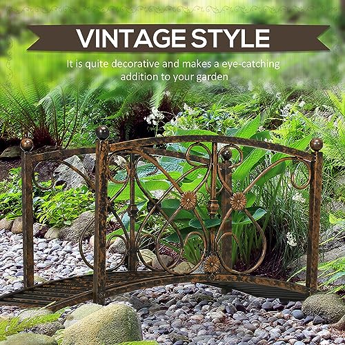Outsunny 3.3FT Metal Arch Zen Garden Bridge with Safety Siderails, Decorative Footbridge, Delicate Floral Scrollwork for Stream, Fish Pond, Brown Outsunny