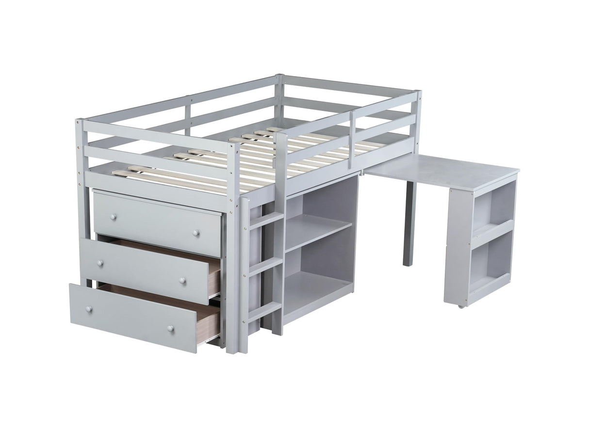 Low Loft Bed with Storage & Rolling Out Desk, Kids Twin Size Loft Beds with Bookcase & Drawers, Rubber Wood Junior Lofts Bed with Dresser/Shelves/Ladder/Guardrails for Boys Girls Teens, Gray Duxelifin