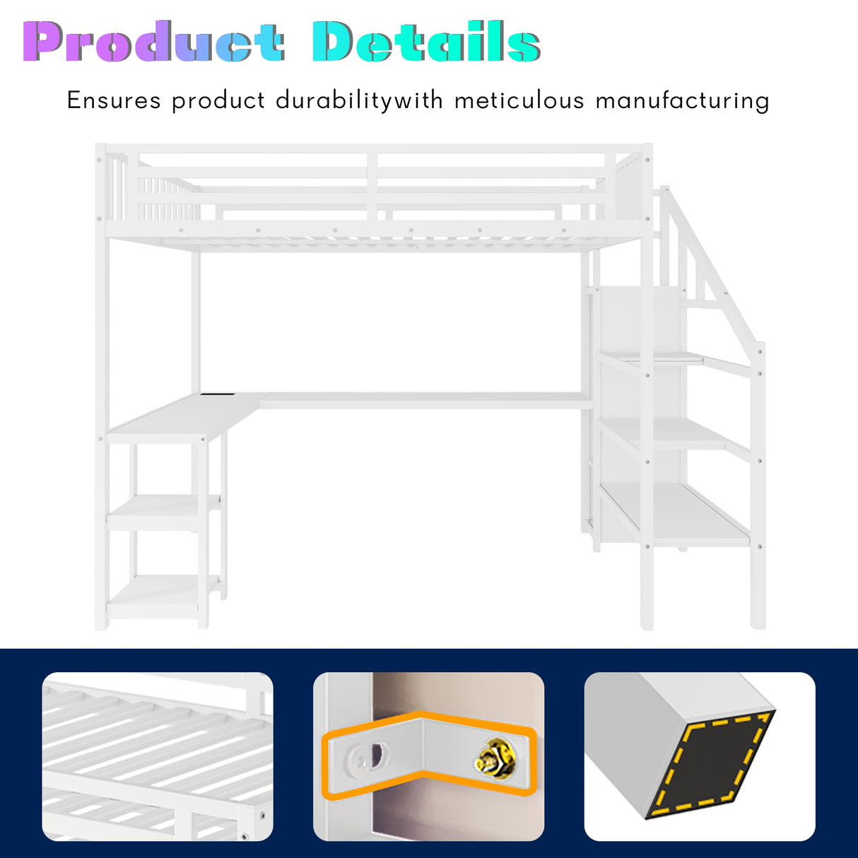 Queen Size Loft Bed with Desk and Stairs, Gaming Loft Bed with RGB LED Light and Storage, Heavy-Duty Metal Loft Beds Frame with Wardrobe, Shelves and Charging Station for Adults Kids Teens, White Mirightone