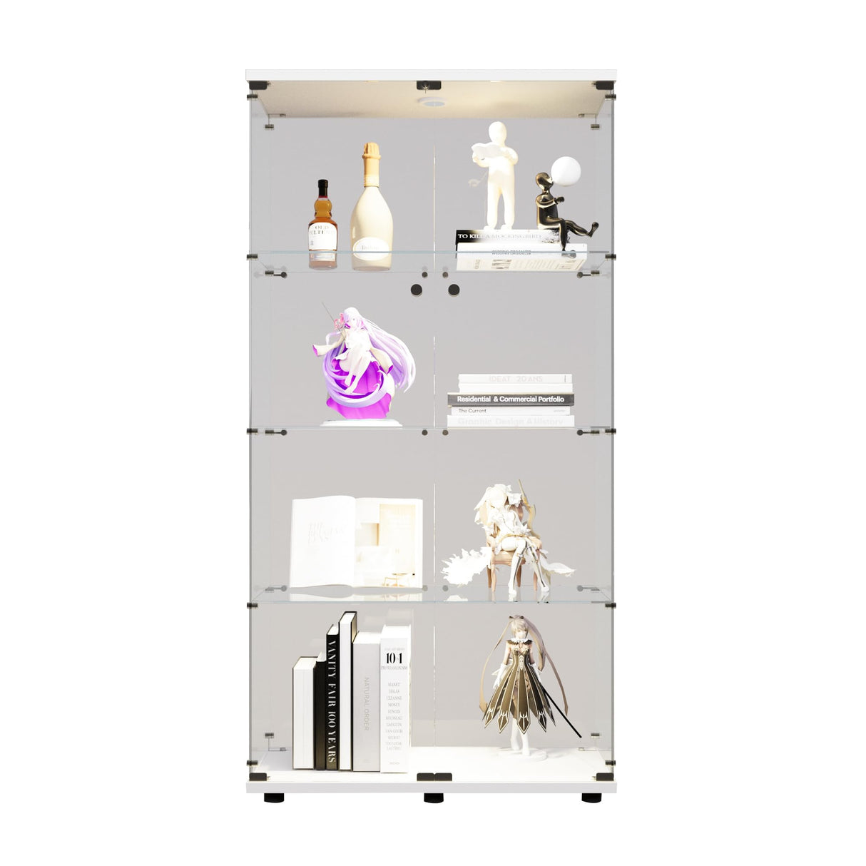 LED Lights Glass Display Cabinet 4 Shelves with 2 Doors, Curio Cabinets Quick-Install Style Glass Floor Standing Cabinet Bookshelf for Living Room Bedroom Office Kootlena