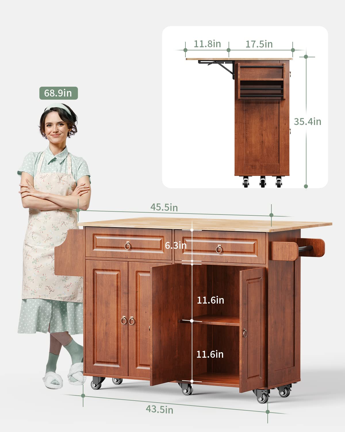 Qsun Kitchen Island with Drop Leaf and Storage, on Wheels Two Drawers, Large Storage Cabinet, Towel Rack Spice Cart Brown Qsun