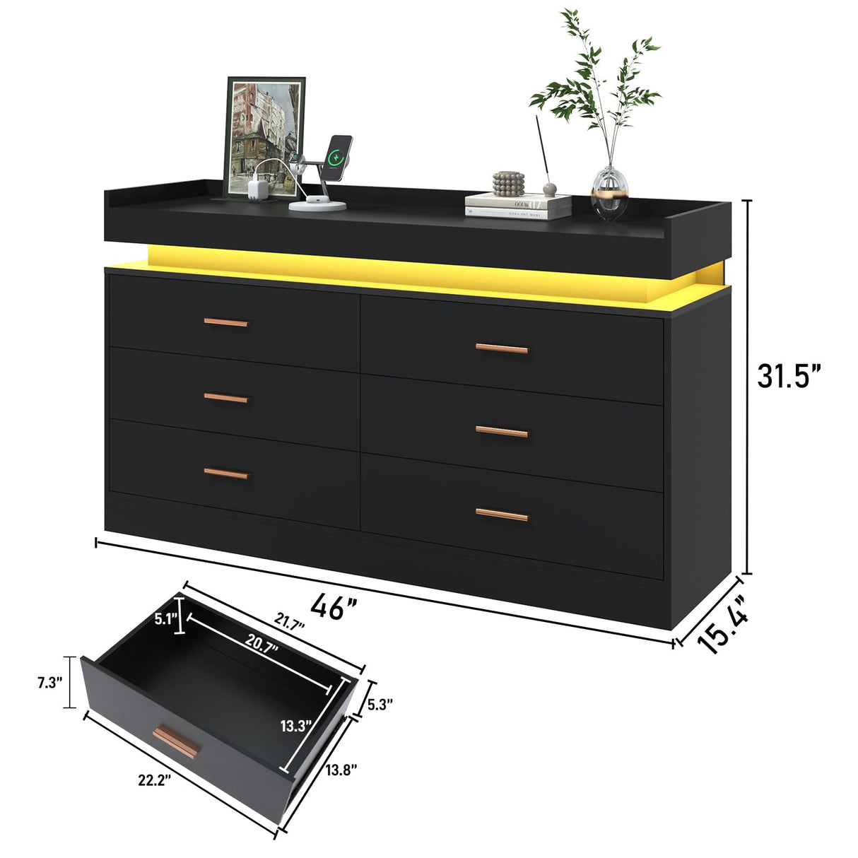 jiteentarou 6 Drawer Dresser with Charging Station and LED Lights, Modern Chest of Drawers with Power Outlet, Organizer Cabinet for, Living Room, Black jiteentarou
