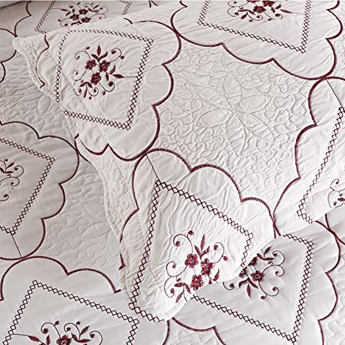 Oliven 3 Pcs Embroidered Quilt Full/Queen Size Floral Bedspread Soft Breathable Flower Coverlet Burgundy White Bed Cover Embroidered Bedding Christmas Bed Home Decor Oliven