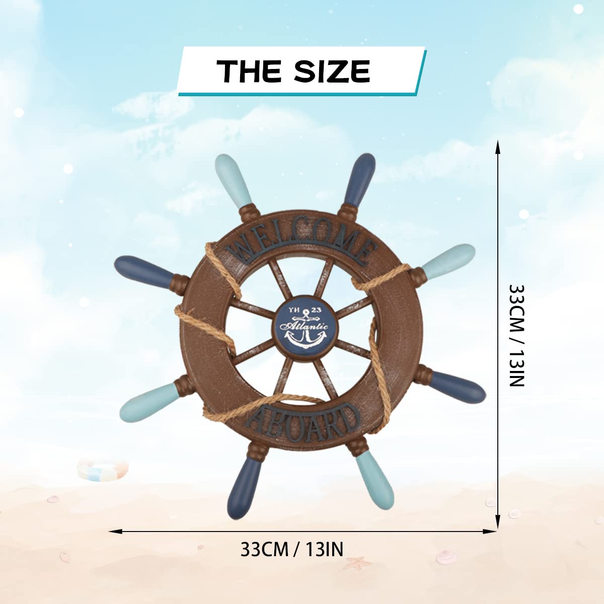 2 Pack 13" Nautical Beach Wooden Ship Wheel and 13" Wooden Anchor with Rope Nautical Boat Steering Wheel Rudder Anchor Wall Art Decor Door Hanging Ornament Beach Theme Home Decoration(Retro Brown) Meching