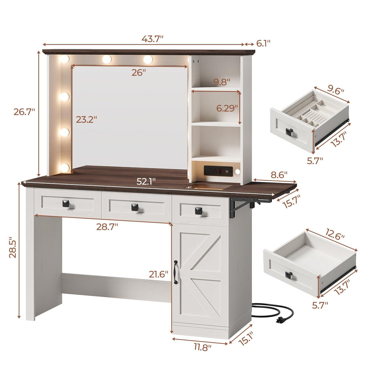 43.7" Farmhouse Vanity Desk with Large Mirror and Hollywood Lights, Makeup Vanity Desk with Charging Station, Adjustable Lighting,3 Drawers with 1 Velvet jewelry box for Bedroom, Dressing Room UPOSOJA