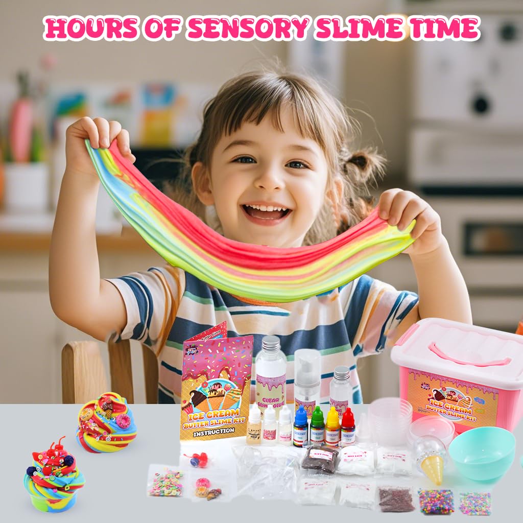 Mini Ice Cream Slime Kit for Girls, Fluffy Butter Slime Making Kit, DIY Slime Kit with 30+ Pieces for Ages 8-12, Fun Holiday Gift Idea for Birthday & Easter Funewest