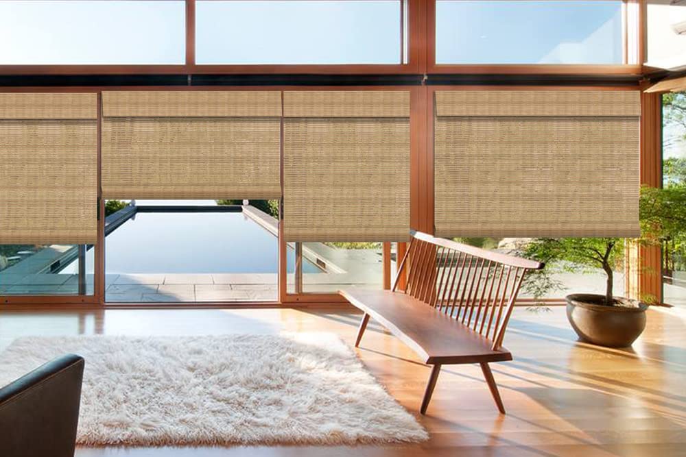 LANTIME Wood Window Blinds Shades, Lined Blackout Bamboo Roller Shades, Easy Installation for Home and Garden, Pattern 1 LANTIME