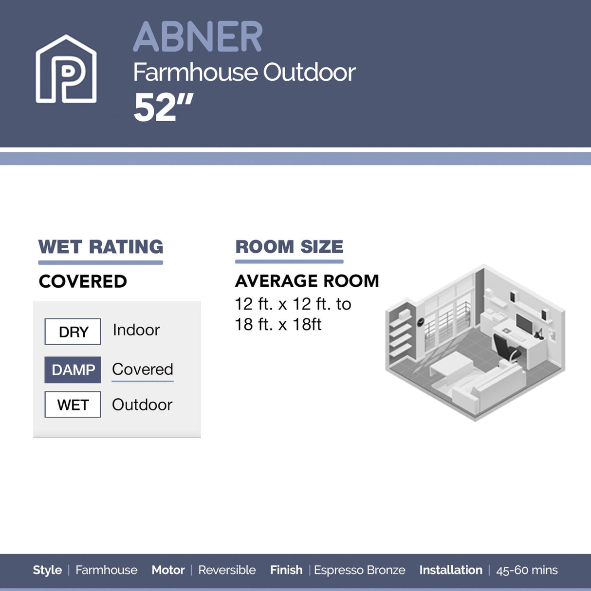 Prominence Home Abner Modern Farmhouse 52 Inch Ceiling Fan with Light, Outdoor Fan/Indoor Tri-Mount LED Ceiling Fan with 5 Blades, Silver Oak and Maple Brown Blade Finish Options, Bronze (80091-01) Prominence Home