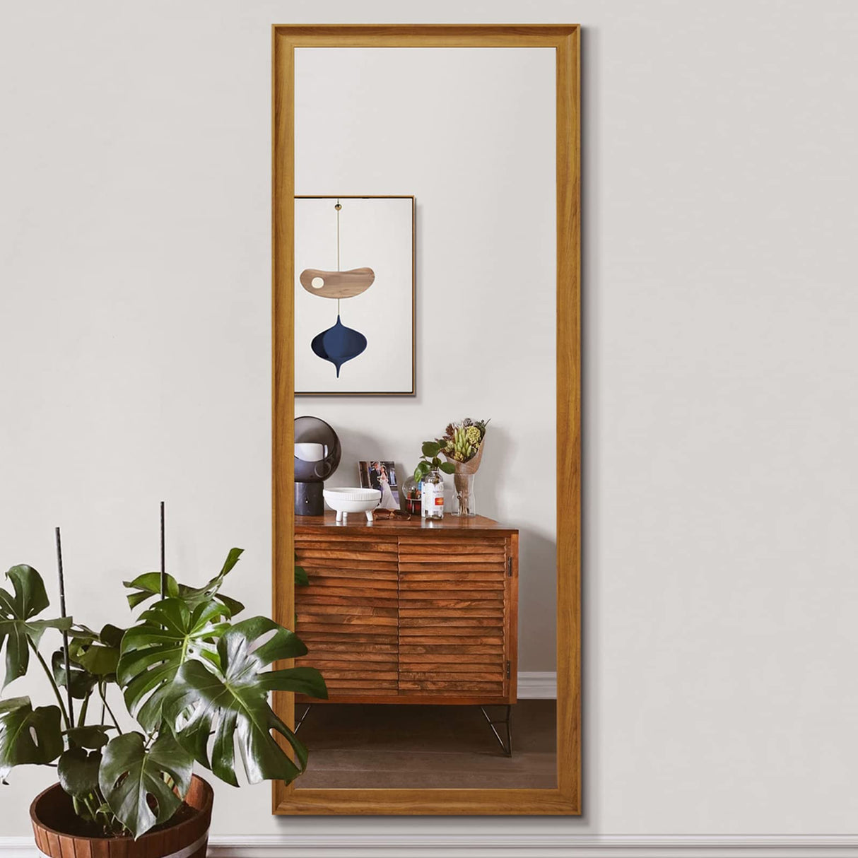 TheiaMo Full Length Mirror Wood Frame, 65×22in Floor Mirror Full Body Mirror with Standing Holder Hanging Wall Mirror, Stand Large HD Mirror, Dressing Mirror for Bedroom/Living Room, Dark Wood TheiaMo