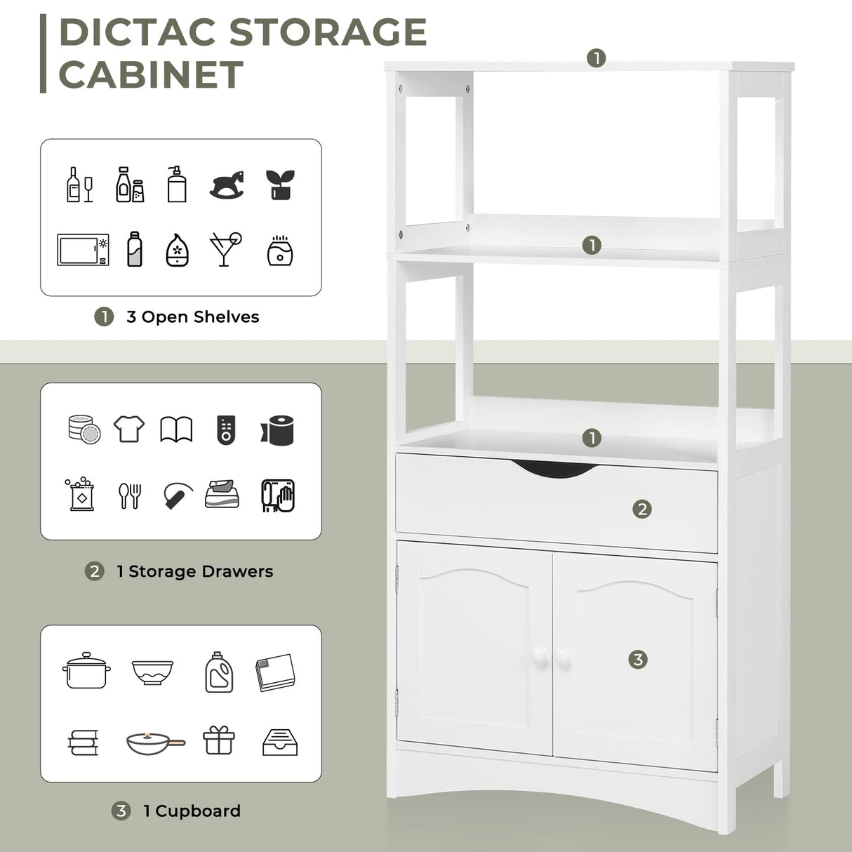 DICTAC Kitchen Pantry Storage Cabinets with Shelves,Drawer and Doors,Microwave Cart with Storage,Freestanding Floor Sideboard Cabinet with Microwave Space,Bookshelf,Display Unit for Home,White DICTAC