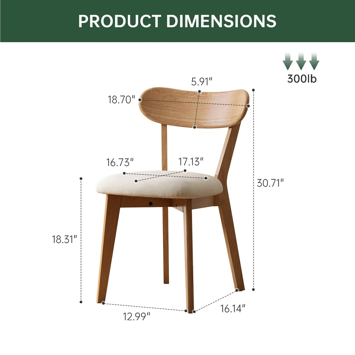 100% Solid Wood Upholstered Dining Chairs, Mid Century Modern Oak Dining Chairs with Curved Back Design with Butterfly Wing Shape for Kitchen, Dining Room, Restaurant (2, Log Color-Beige Cushion) Wayshome