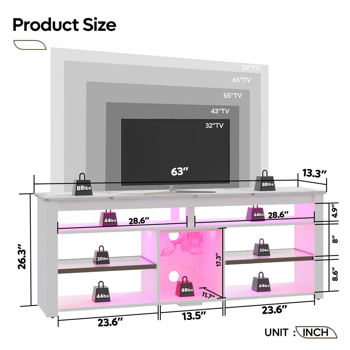 Bestier TV Stand for 65/70 inch TV, Tall Entertainment Center with 2 Led Lights, Gaming TV Console with Storage for PS5, Modern TV Cabinet for Bedroom, Living Room, White Marble Bestier