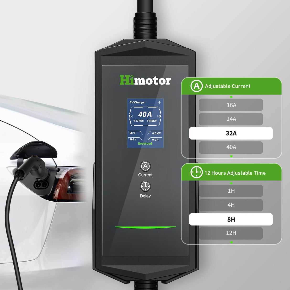 Himotor EV Charger Level 2, 16-40A 110-240V, Include J1772 to Tesla Adapter, Tesla Charger, with 26ft Charge Cable and NEMA 14-50 Plug, with Function of Adjustable Current and Reserve Charging Time HIMOTOR