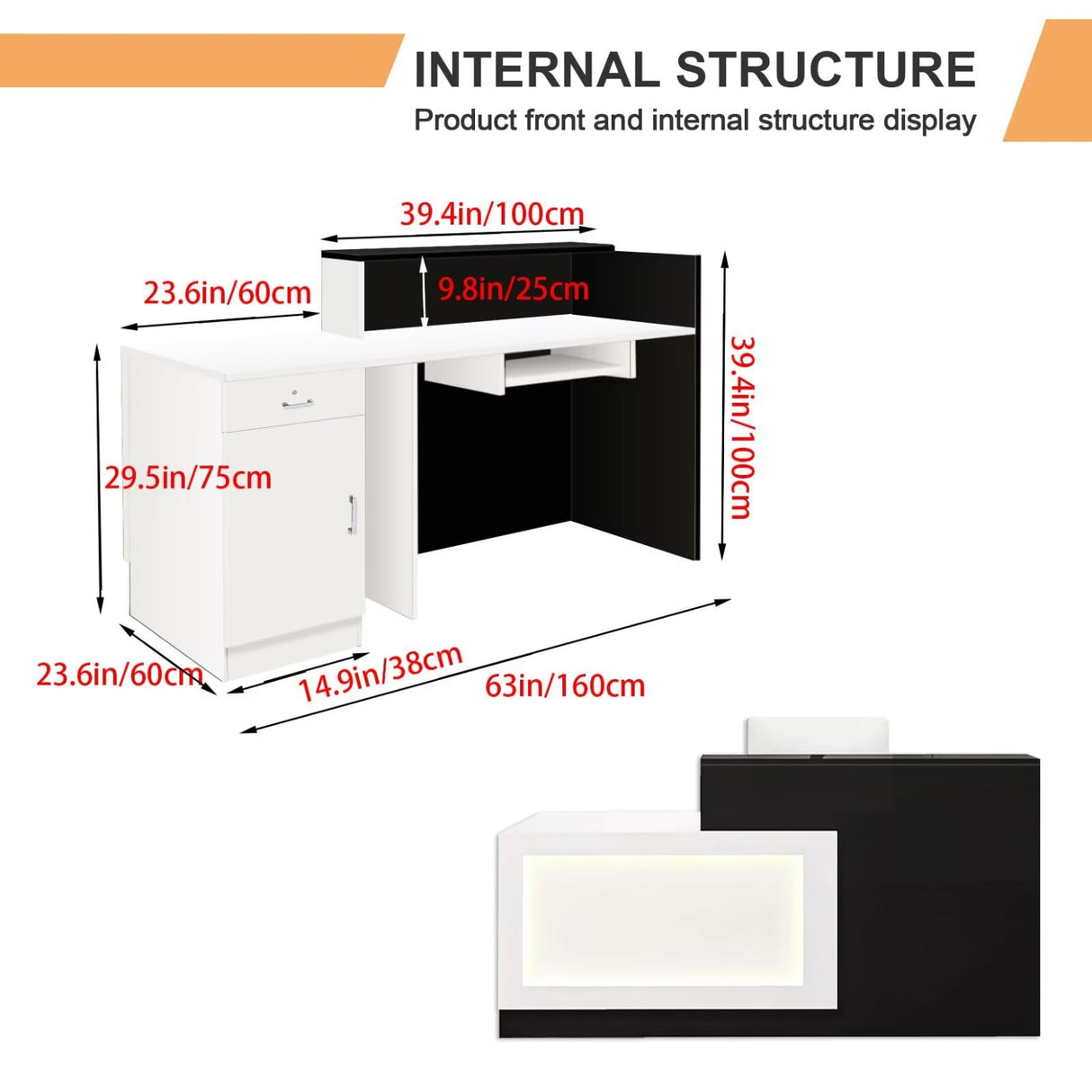 Modern Reception Desk with LED Lights Office Front Counter Desk Receptionist Table Retail Checkout Counter for Shop Beauty Salon Lobby White and Black Left High 63inch/ 160cm Thcbme