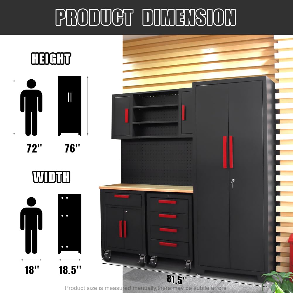 HPDMC 6-Pcs Garage Storage Cabinet System: Workshop Set with Steel Cabinet Drawers, Rolling Chest, Workbench, Pegboard for Tool Organization HPDMC
