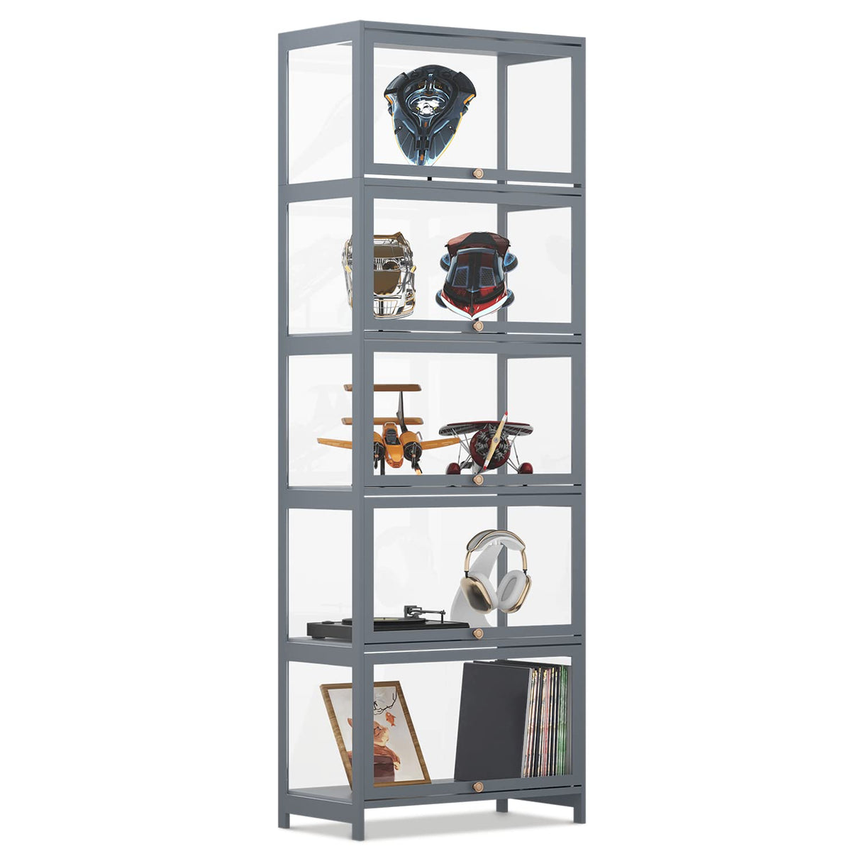 BRIGHTORIA 5-Tier Clear Display Cabinet with Flip Acrylic Doors, Collectibles Toy Books Showcase Organizers Storage Rack, 68" Tall Bamboo Standing Display Case for Playroom Bedroom, Grey BRIGHTORIA