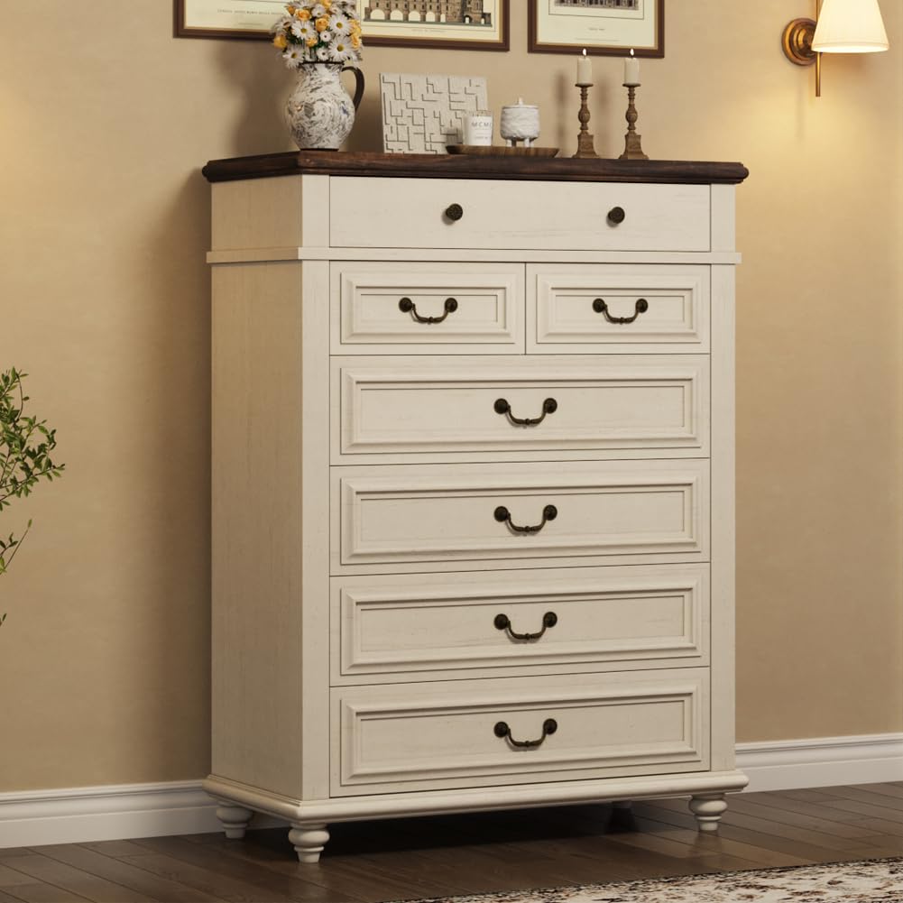 Jocoevol Farmhouse Dresser for Bedroom 7 Drawer Dresser with Deep Drawers, Tall White Big Large Wooden Chest of Drawers for Living Room, Hallway, Entryway (White, 7 Drawer) Jocoevol