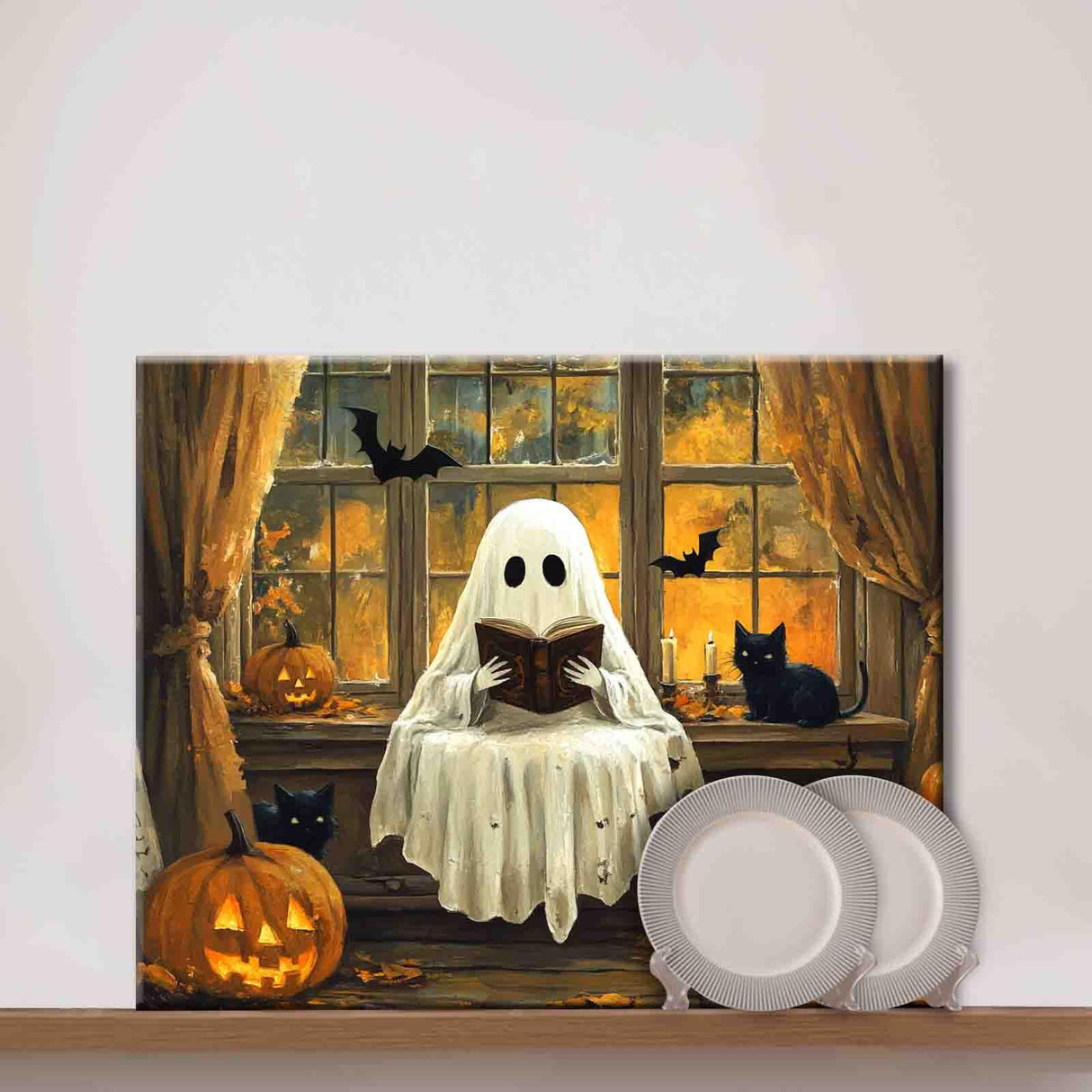 Ghost Reading Book Paint by Number for Adults Beginner Cute Ghost Paint by Number Kit on Canvas DIY Halloween Spumpkins Paintwork for Home Wall Decoration and Gifts 16x20 Inch (Frameless Aihonmin