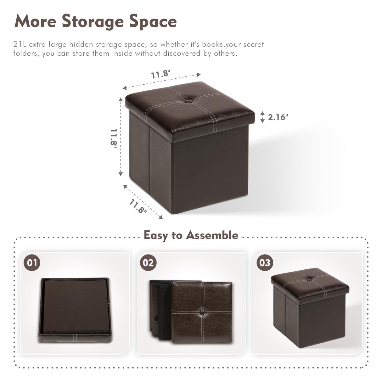 B FSOBEIIALEO Folding Storage Ottoman Cube, Faux Leather Footrest Seat Coffee Table, Brown 11.8"x11.8"x11.8" B FSOBEIIALEO