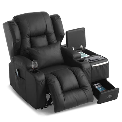 DRMBOOK Power Recliner Chair, Electric Wall Hugger Reclining Sofa with Massage & Heat, Modern Theater Seating with LED/USB Port/Cup Holders for Living Room (Leather Black, 1 Chair with Console)