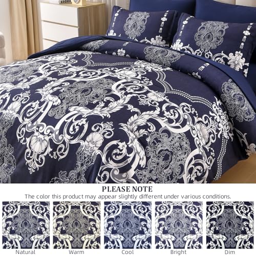 Mybedsoul 7 Pieces Navy Blue Comforter Set King Size, Damask Bed in a Bag for King Bed, Lightweight Microfiber Boho Bedding Sets with Comforter, Sheet, Pillowcases & Shams for All Season(90"x104") Mybedsoul