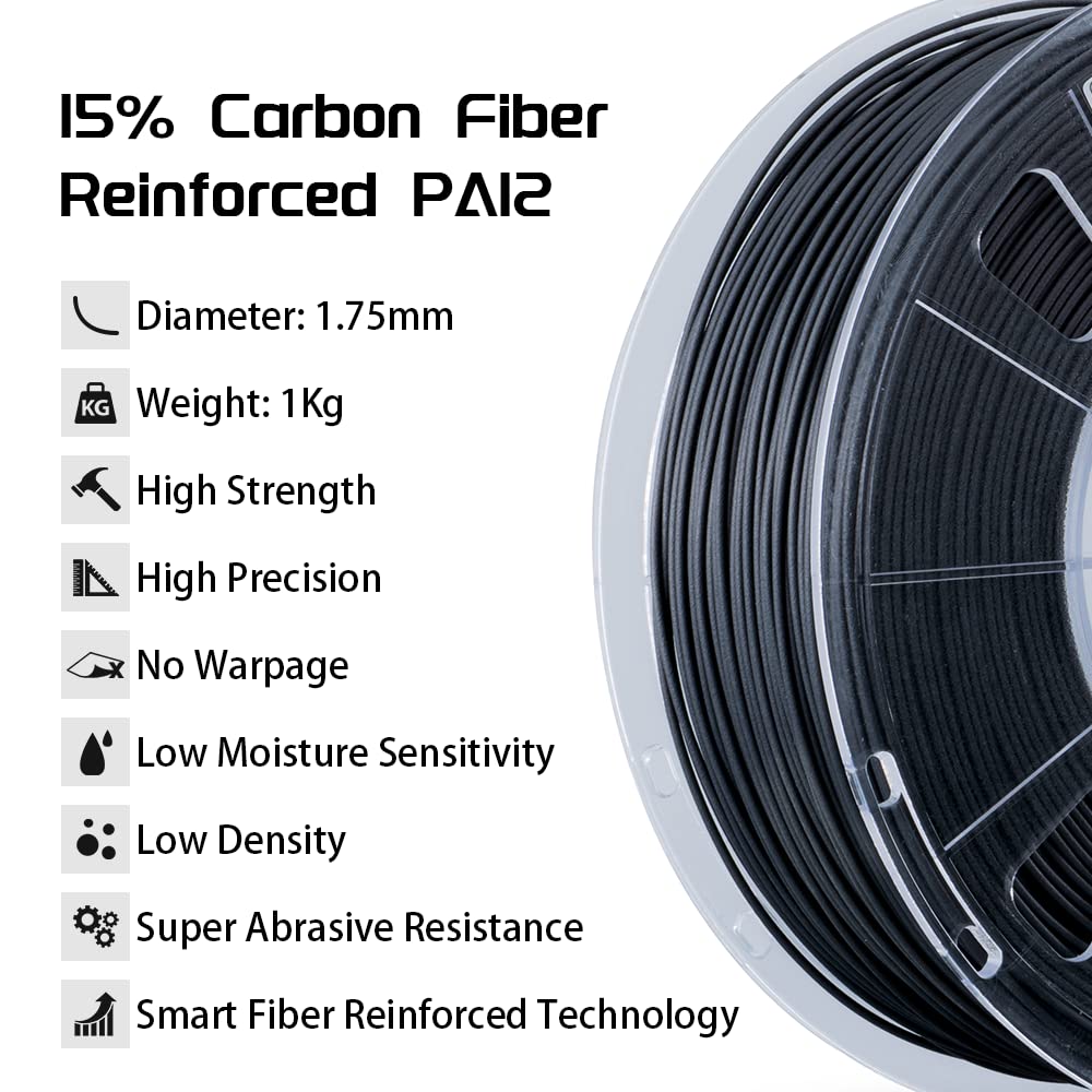 R QIDI TECHNOLOGY PA12-CF Nylon Filament 1.75 Black, Carbon Fiber Nylon Filament 1.75mm 1Kg Spool 3D Printer Filament, High Strength, High Precision, No Warpage, Low Moisture Sensitivity R QIDI TECHNOLOGY