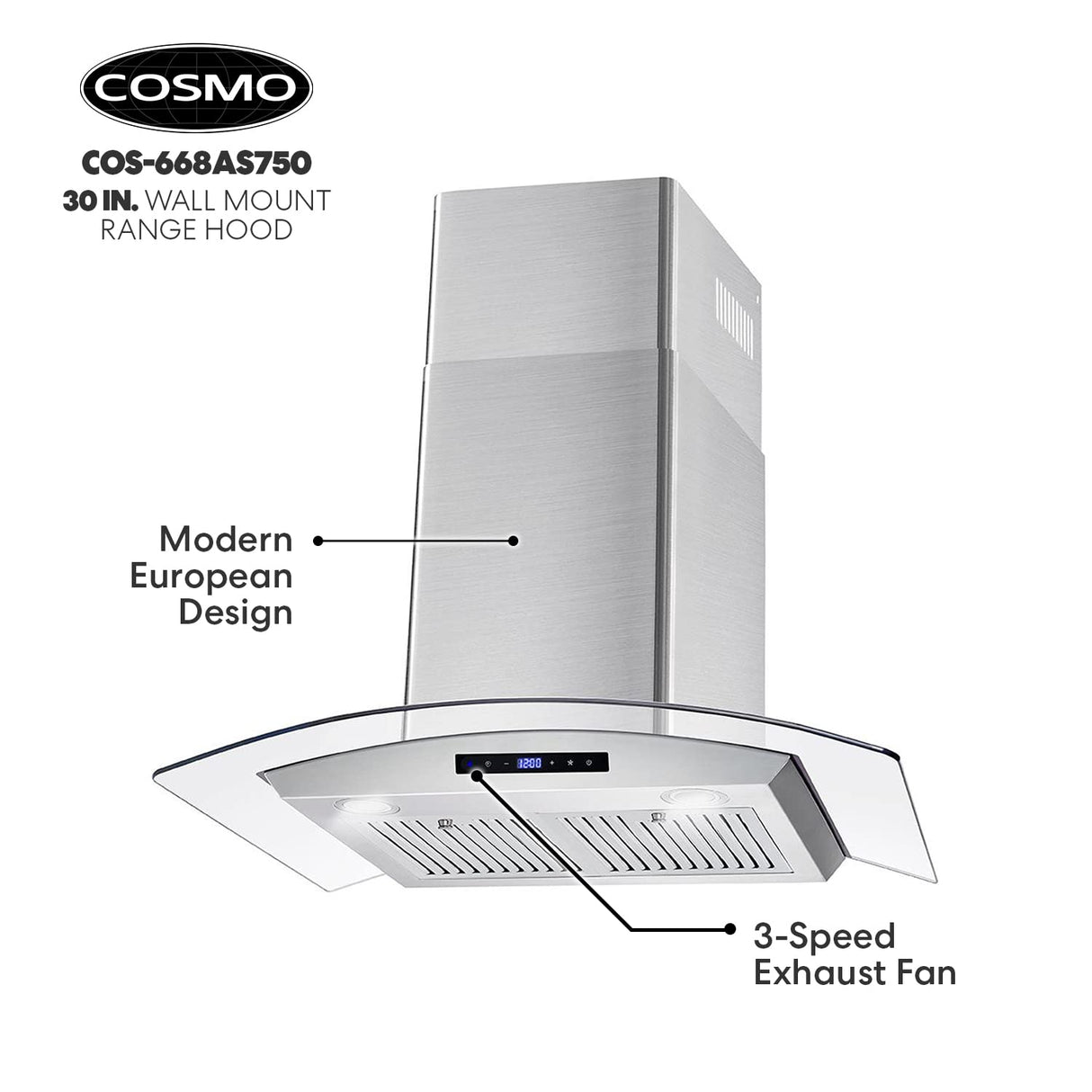 COSMO COS-668AS750 30 in. Vista Collection 380 CFM Ducted Wall Mount Range Hood, Touch Controls, LED Lights, Stainless Steel COSMO