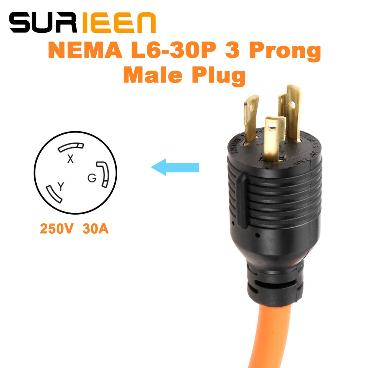 NEMA L6-30P to 6-50R Adaptor Welder Dryer EV Charger Power Cord Adapter Connector, 30Amp to 50Amp Heavy Duty Adapter STW 10AWG 250V 1.5FT SURIEEN