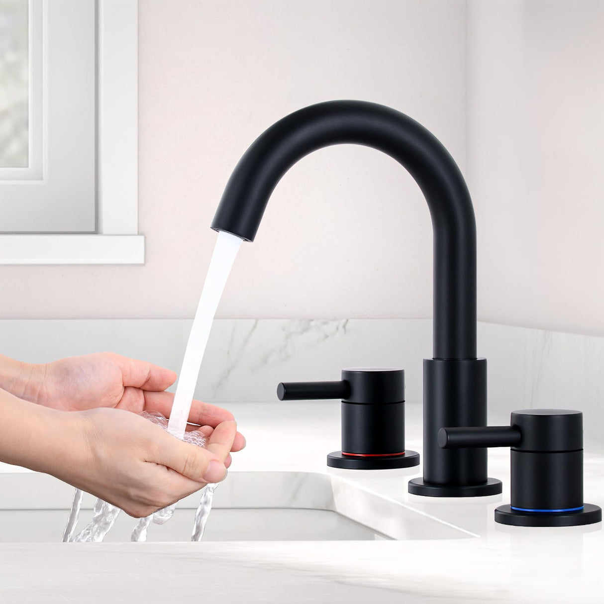 KZH Matte Black Bathroom Faucet 3 Hole, 8 inch Widespread Bathroom Faucet with Pop Up Drain, Bathroom Sink Faucet with 360° Swivel Spout, 2 Handle Vanity Faucet with Water Supply Hoses KZH