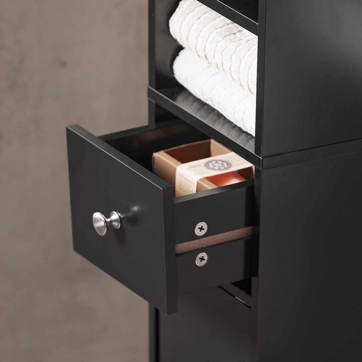 Haotian BZR34-SCH, Black Bathroom Tall Cabinet with 1 Drawer, 2 Doors and Adjustable Shelves, Bathroom Shelf, 7.87 x 7.87 x 70.87 Bathroom Tall Cabinet Cupboard Haotian