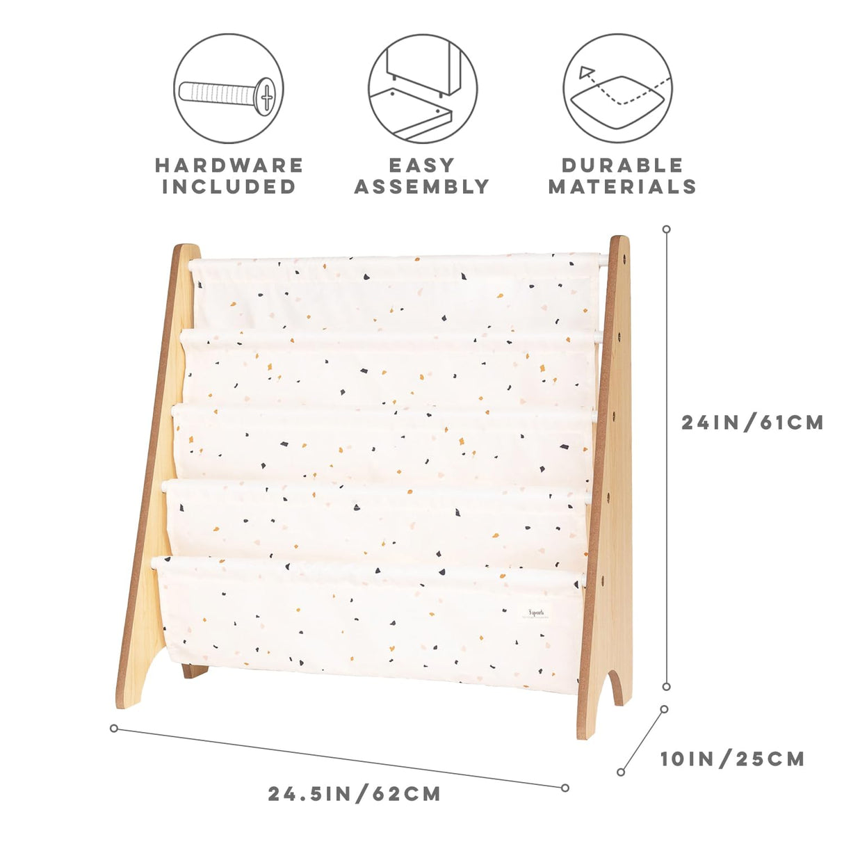 3 Sprouts Recycled Fabric Kids Bookshelf β 4-Tier Sling Book Rack Organizer - Nursery Room Playroom Classroom Wooden Book Shelves - Kid Bookcase Wood Storage Shelf for Toddler Age 3+ - Terrazzo Cream 3 Sprouts