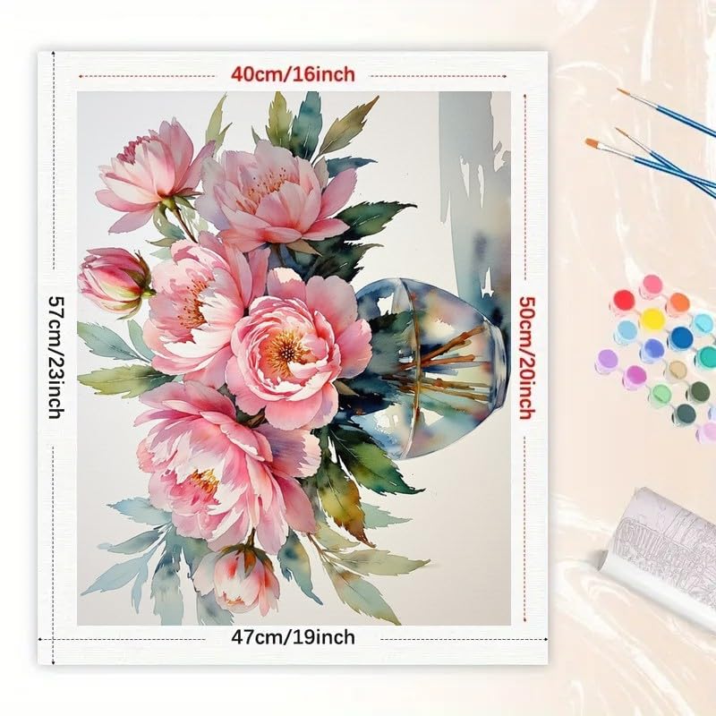 Peony Bloom Paint by Numbers Kit for Adults - DIY Pink Flowers in Glass Vase and Petals Falling Painting on Canvas 16x20 Inches, Acrylic Paint Set for Beginners, Art for Home Decoration Gift TAOPAOLAB