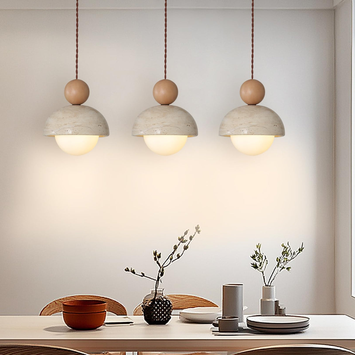 JIANTLAIUS 2PCS Japanese Wabi-Sabi Yellow Travertine Pendant Lamp Natural Stone Shade Pendant Light with Wood Hanging Light G9 Nordic Mini Pendant Lighting for Kitchen Island Dining Room JIANTLAIUS