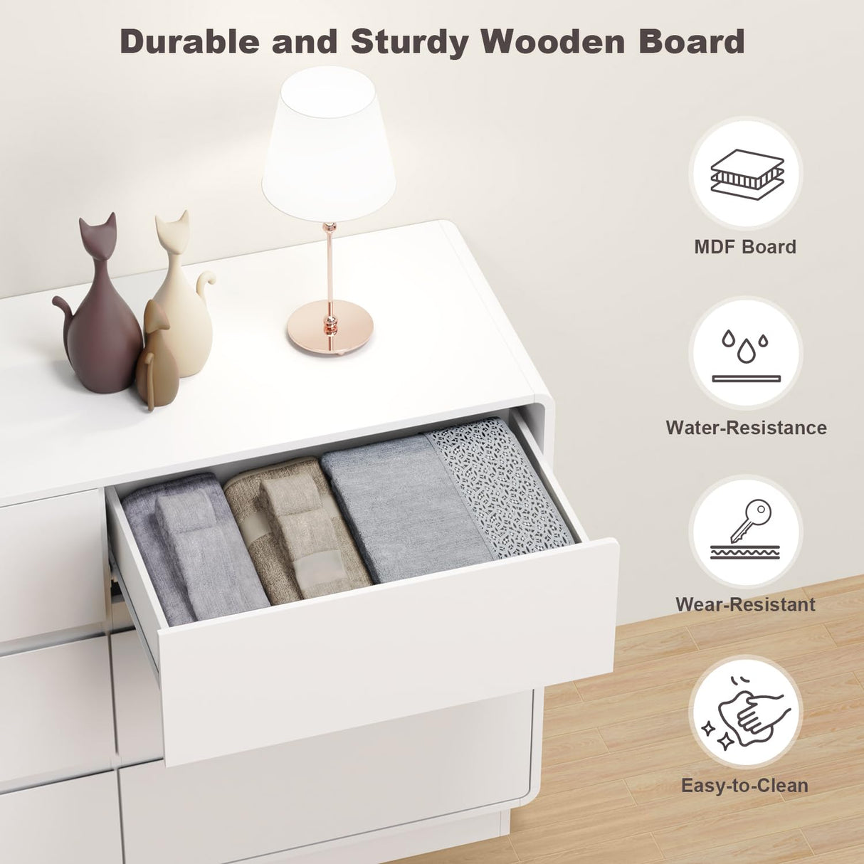 OTUTUMUS 6 Drawers Double Dresser, White Modern Chest of Drawer, Curved Edged Wood Dresser for Bedroom Living Room, Closet, Office, Hallway OTUTUMUS